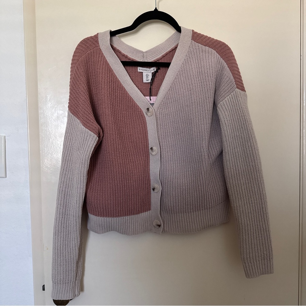 Sincerely Jules women’s Colorblock V-Neck button down Cardigan pink mauve size L
